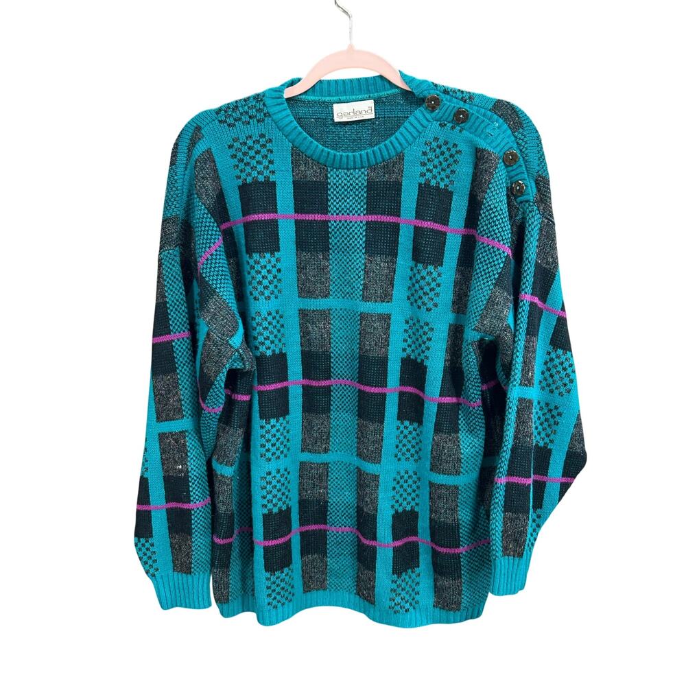 Vintage Garland USA Teal Geometric Knit Sweater Button Shoulder 80s 90s